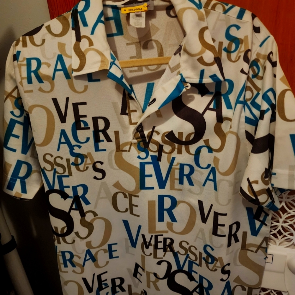 Mens versace letters button down short sleeve polo